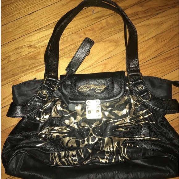VERY CHIC Ed Hardy Christian Audigier Metallic Gold Black Tiger Purse Handbag - Picture 4 of 11